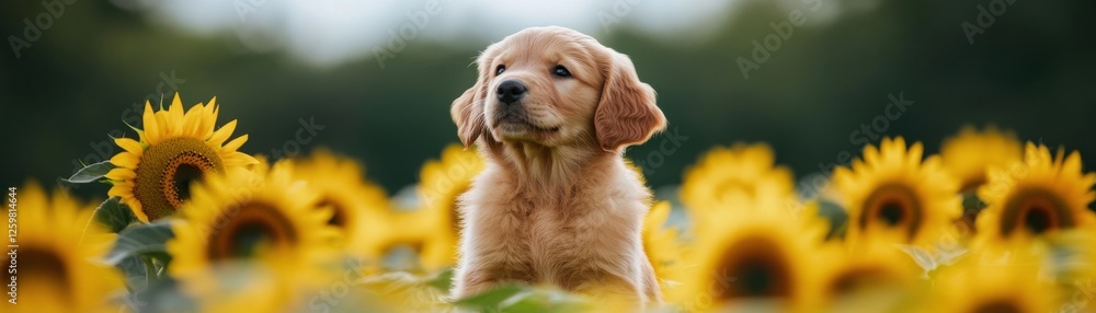 A golden retriever puppy sits among vibrant sunflowers, exuding innocence and joy in a bright, natural setting. A golden retriever puppy sits among vibrant sunflowers, exuding innocence and joy in a bright, natural setting.