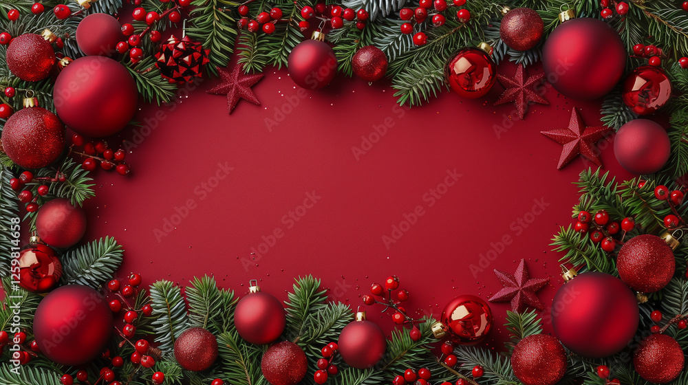 Elegant Red Christmas Background with Festive Decorations.. Elegant Red Christmas Background with Festive Decorations..