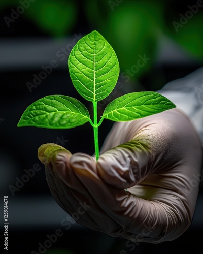 Researchers creating bioengineered plants glowing in a high-tech lab, photo