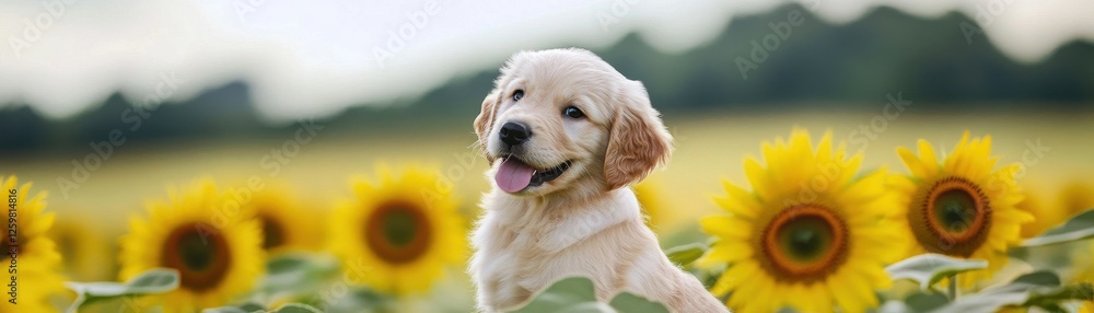 A joyful puppy sits amidst bright sunflowers, radiating happiness and warmth in a beautiful outdoor setting. A joyful puppy sits amidst bright sunflowers, radiating happiness and warmth in a beautiful outdoor setting.