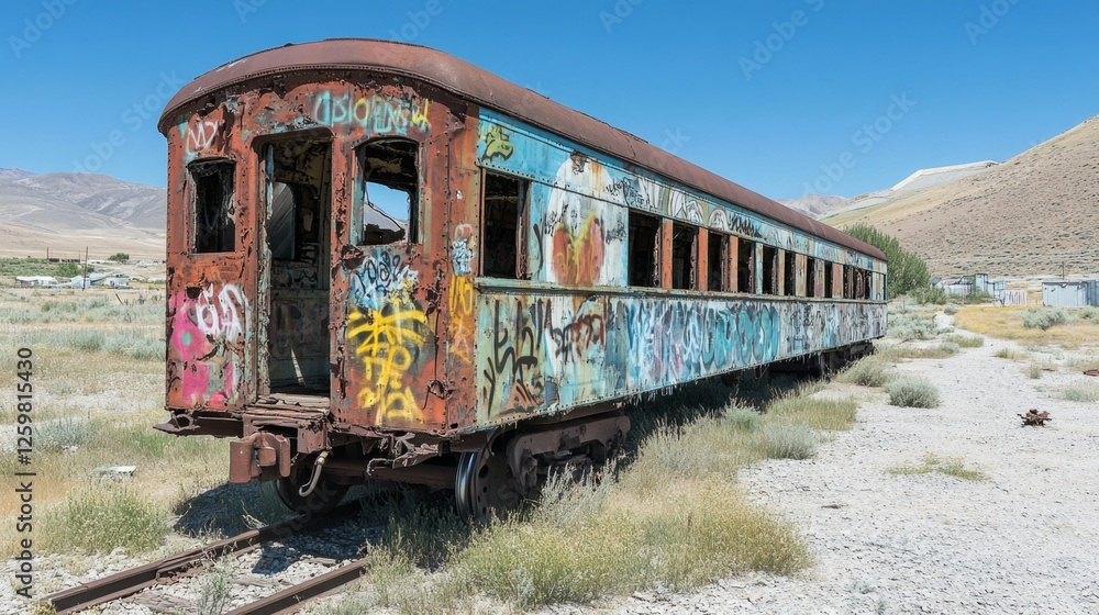 Fototapeta premium Abandoned Rusty Train Car in the Desert