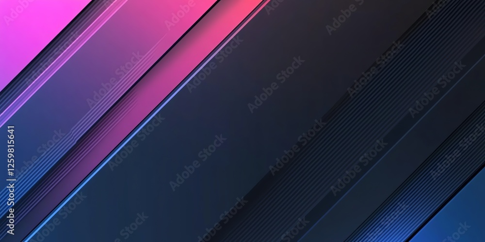 Abstract black background with neon diagonal lines, dark blue to purple gradient, and vibrant color effects. Perfect for modern designs, posters, and digital art.