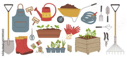 Vector set of garden tools. Seedlings, wheelbarrow, watering can, rubber boots isolated on white background. Houseplant transplanting equipment set. Big set of garden elements and tools.