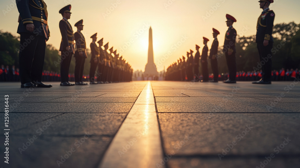 Obraz premium dawn ceremony at revered monument with attendees in uniform, creating solemn atmosphere