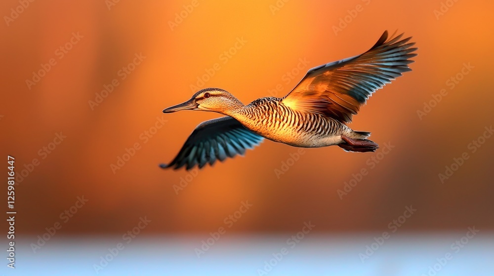 Fototapeta premium Flying duck, golden hour sunset, tranquil scene, nature background, perfect for nature, wildlife, or education use