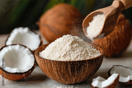 Coconut flour in a shell being scooped with coconut and greenery as food background