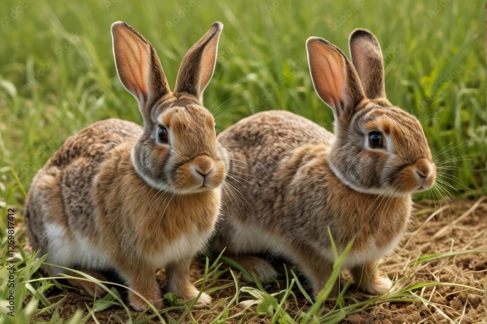 two rabbits are sitting in the grass with their ears up two rabbits are sitting in the grass with their ears up
