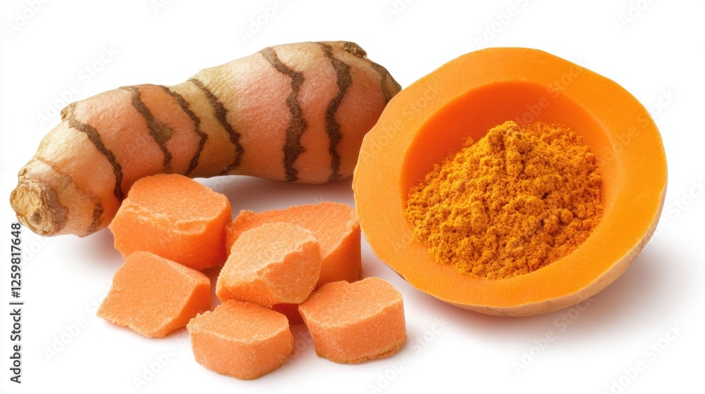 Fresh Turmeric Root Slices and Ground Powder in Vibrant Orange with Natural Ingredients Fresh Turmeric Root Slices and Ground Powder in Vibrant Orange with Natural Ingredients