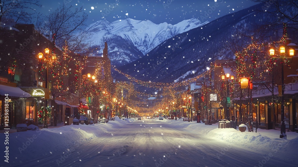 Fototapeta premium Banff Avenue in winter, covered in snow, festive lights twinkling, with the stunning Rockies in the distance, holiday season magic