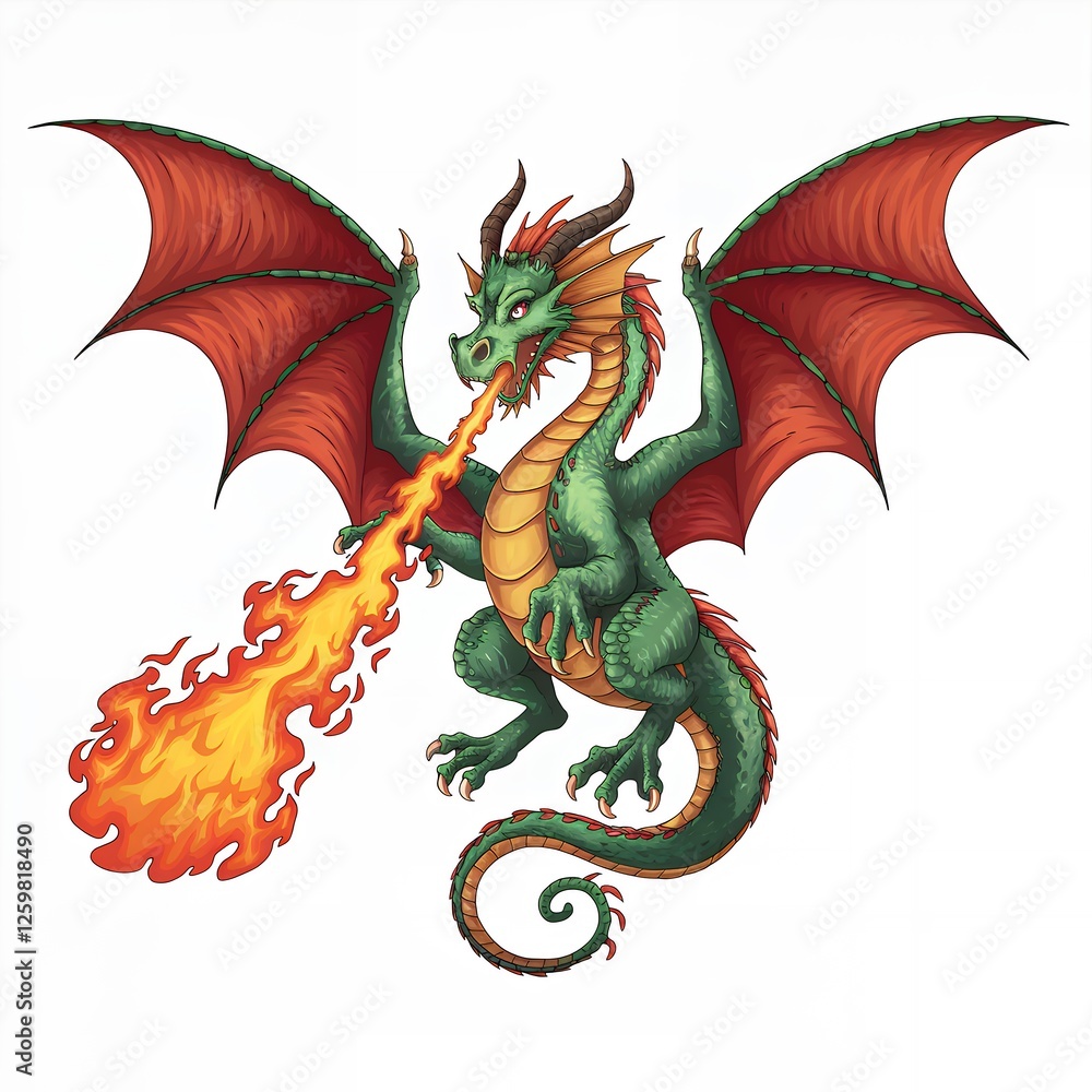 Naklejka premium Fiery Green Dragon with Red Wings Breathing Fire Fantasy Illustration