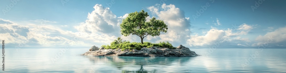 Solitary Island Paradise: A Serene Tree on a Secluded Rock in Azure Waters Under a Sky Adorned with Fluffy Clouds Solitary Island Paradise: A Serene Tree on a Secluded Rock in Azure Waters Under a Sky Adorned with Fluffy Clouds