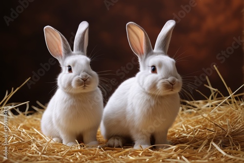 two white rabbits sitting on top of a pile of hay