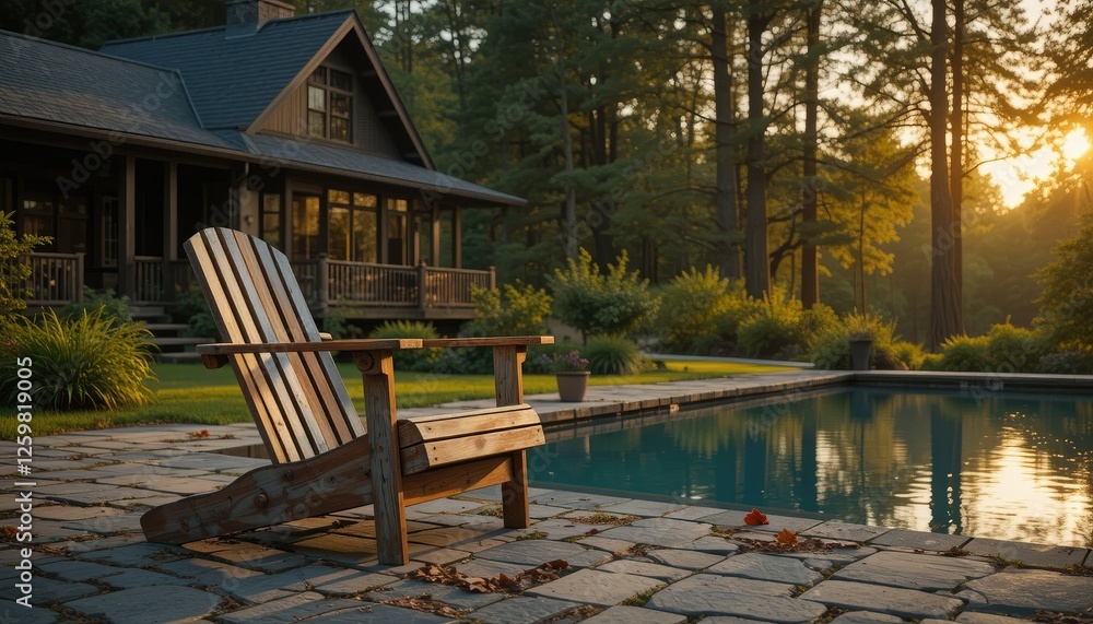 Obraz premium A vintage wooden deck chair with a beautifully painted finish, resting near a reflective pool beside a house, surrounded by lush nature, tall trees, and a golden sunset glow
