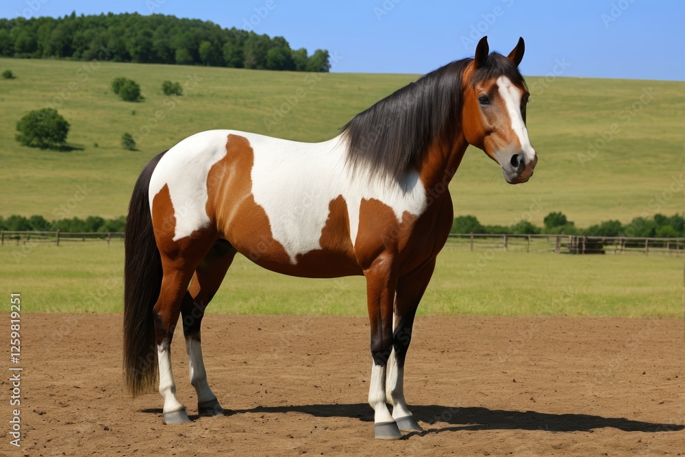there is a brown and white horse standing in a field there is a brown and white horse standing in a field