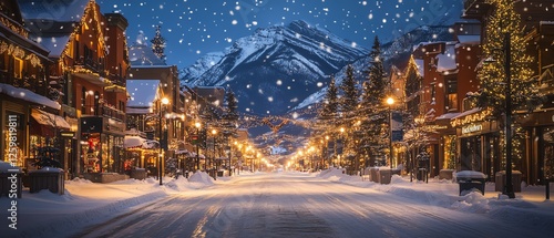 Snowcovered Banff Avenue with twinkling festive lights, Rockies towering in the distance, magical winter scene, vibrant holiday spirit