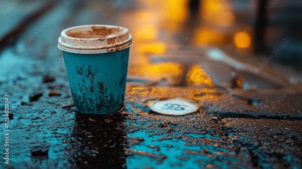 Abandoned Coffee Cup on a Wet Street Abandoned Coffee Cup on a Wet Street