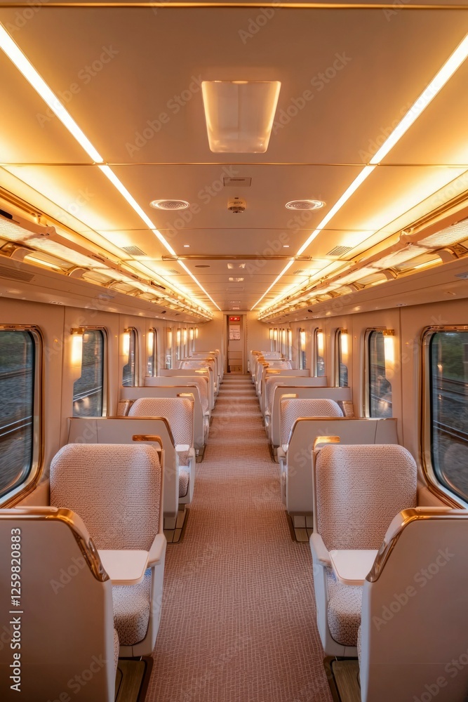 Fototapeta premium Train Interior with Empty Seats on Rails for Commute, Public Transport, Travel