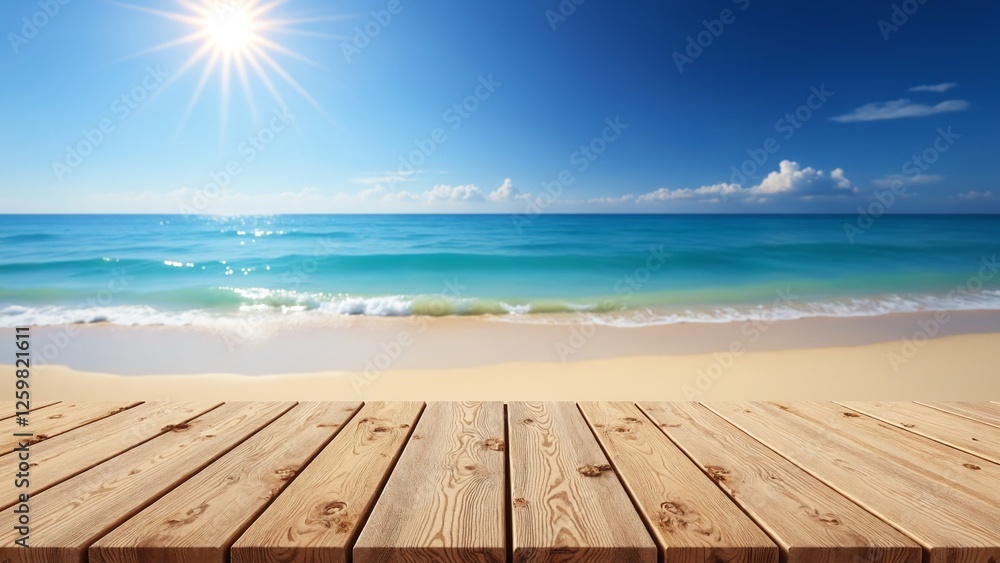 Fototapeta premium Wooden floor or plank on sand beach in summer. For product display. Calm Sea and Blue Sky Background