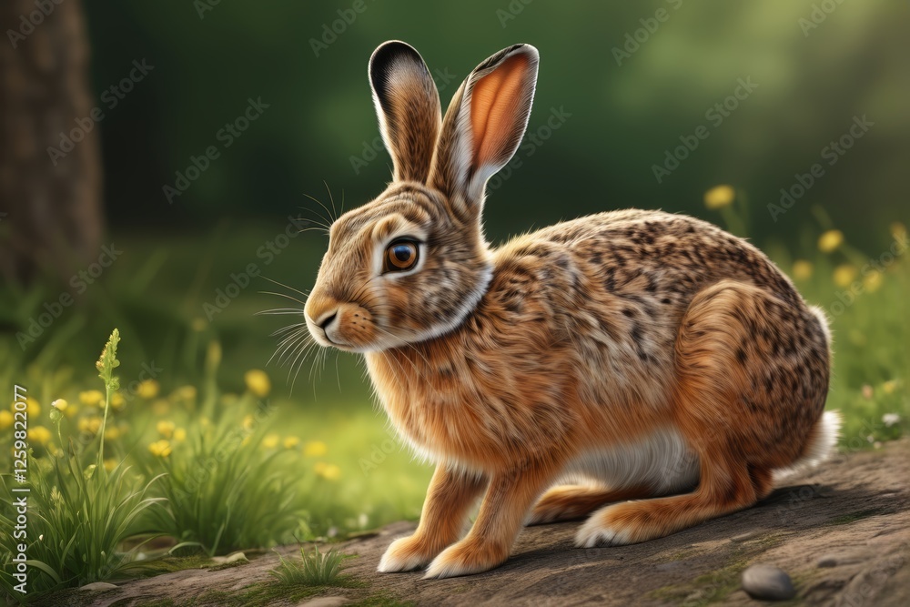 Fototapeta premium painting of a rabbit sitting on a rock in a field
