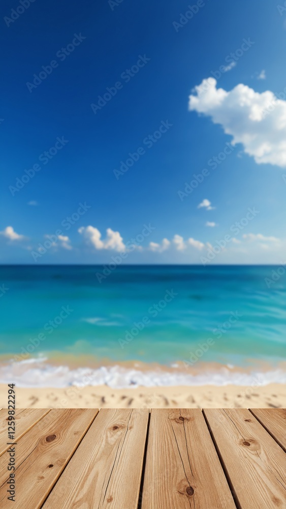 Fototapeta premium Wooden floor or plank on sand beach in summer. For product display. Calm Sea and Blue Sky Background