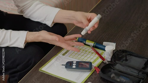 Wallpaper Mural A woman carefully pricks her finger with a pen to measure her blood sugar level using a glucometer. This testing is essential for managing her diabetes effectively. Torontodigital.ca