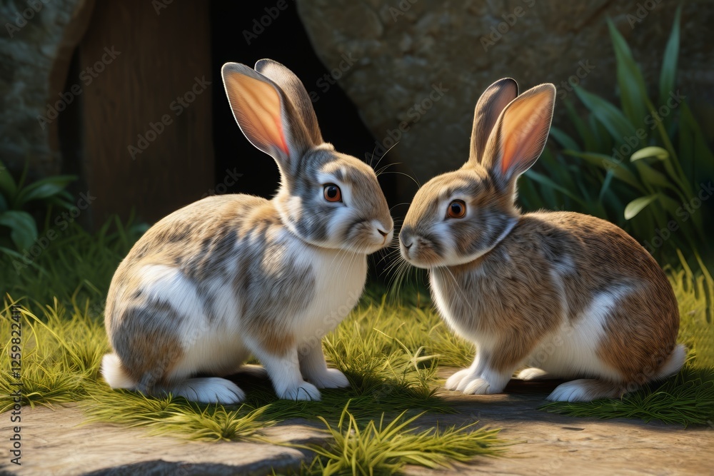 Fototapeta premium there are two rabbits sitting on the grass near a rock
