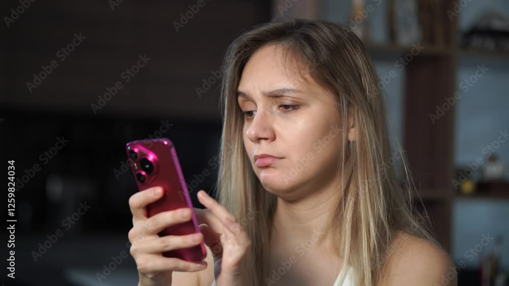 Front view portrait of a suspicious woman holding phone looking at you sitting on a sofa in the living room of a house interior Front view portrait of a suspicious woman holding phone looking at you sitting on a sofa in the living room of a house interior