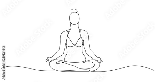 Woman Lotus Yoga Pose Line Art Drawing. Female Yoga Relax Sketch Linear Drawing. Abstract Minimal Female Meditation Silhouette Vector Illustration. Lotus Pose Trendy Contour Drawing