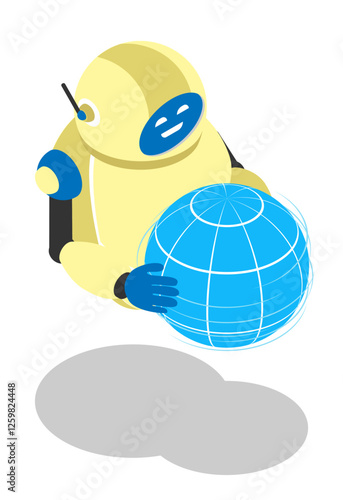 Isometric modern robot carries globe in hands. Concept of global progress and development in field of robotics and artificial intelligence. 3D vector isolated on white background top view at an angle