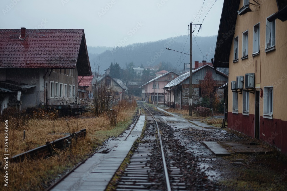Obraz premium Abandoned train tracks splitting through forgotten village in front of a cloudy hill