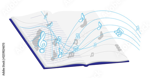 Musical notes floating along musical chord lines flies out of composer open notebook. Advertising vector banner for presentation of concert or children classical music evening isolated on white back