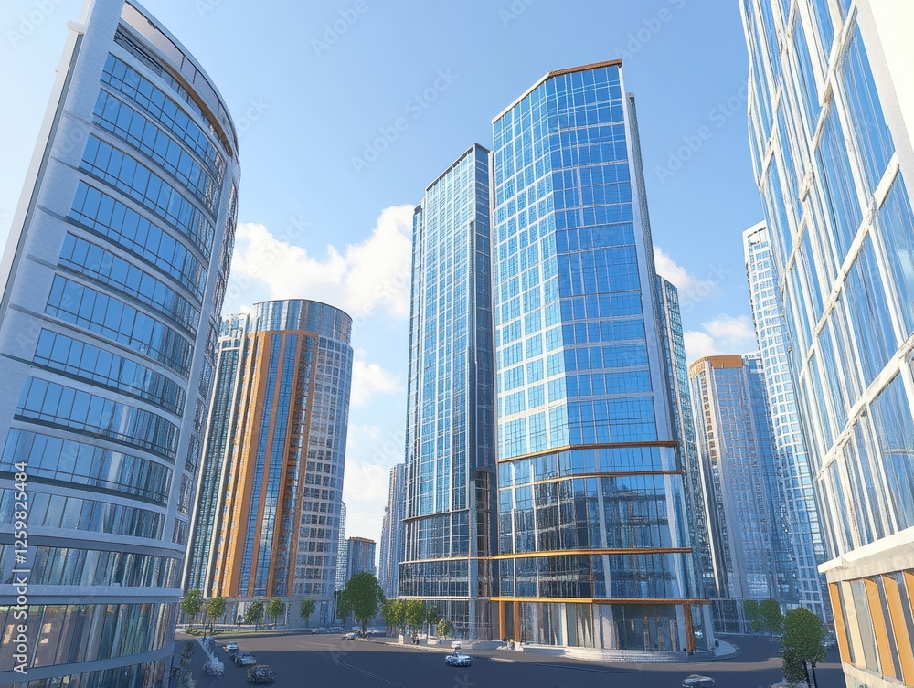 Modern cityscape, sunny day, urban buildings, cars Modern cityscape, sunny day, urban buildings, cars