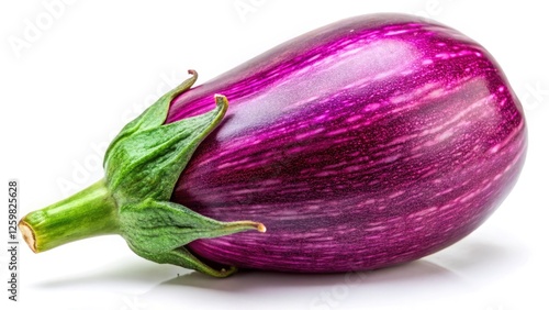 Wallpaper Mural Macro Photography: Vibrant Purple Eggplant, Isolated White Background, Close-up Detail,  Green Stem, Food Photography, Vegetable Image Torontodigital.ca