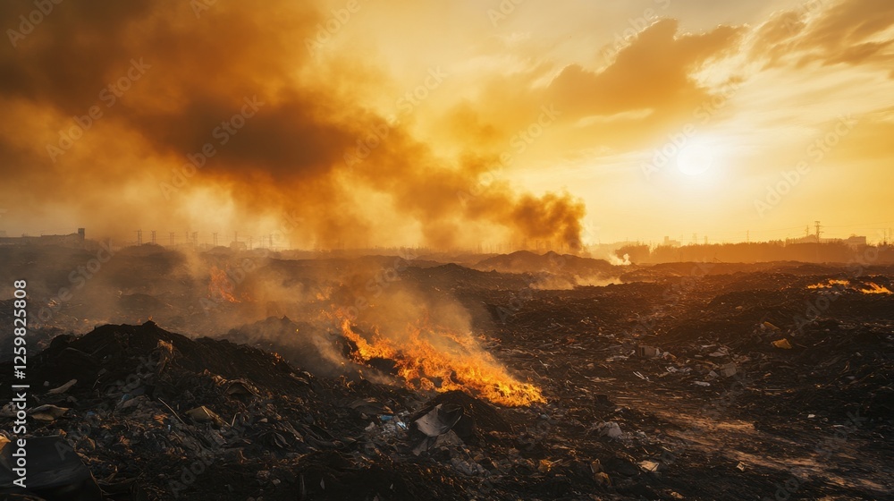 Fototapeta premium Burning Landfill at Sunset: Environmental Disaster