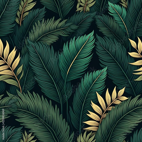 Lush Tropical Leaves Dark Green Gold Pattern Design