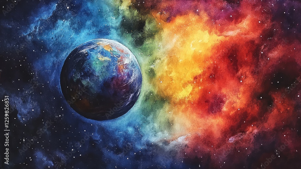 Obraz premium Artistic Watercolor Depiction of Planet Earth with a Lively and Colorful Cosmic Background