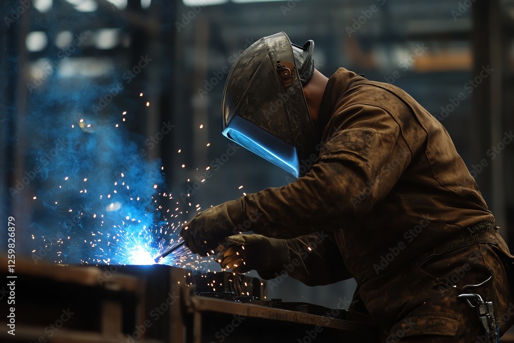 A young welder in a brown uniform and protective gear skillfully operates an arc welding machine at a bustling construction site. Bright blue sparks fly dramatically to the sides, captured in stunning A young welder in a brown uniform and protective gear skillfully operates an arc welding machine at a bustling construction site. Bright blue sparks fly dramatically to the sides, captured in stunning