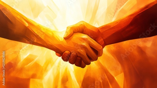Hands Shaking with Radiant Light Symbolizing Unity and Collaboration