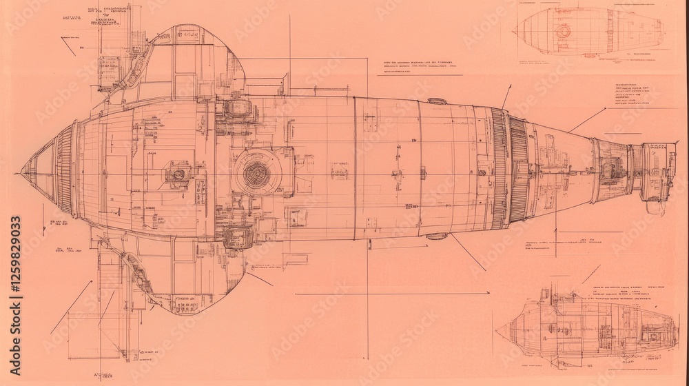 Blueprint of a pressure vessel with labels and annotations on a pastel pink background