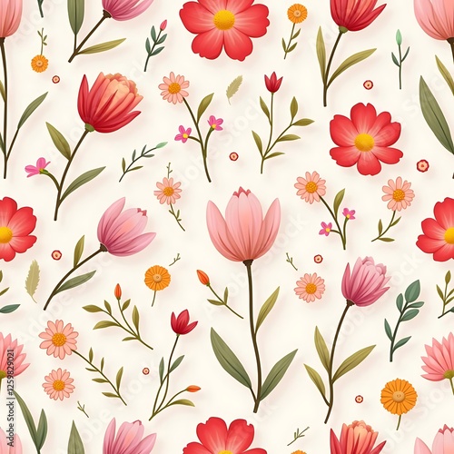 Pretty Pink and Red Flower Seamless Pattern Design