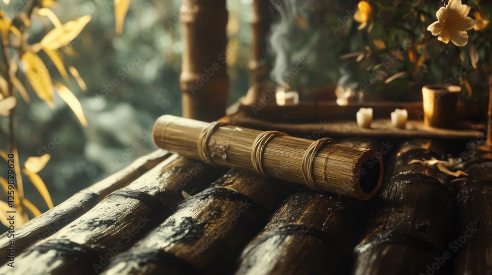 Serene Bamboo Ritual: A Close-Up of a Bamboo Container Resting on a Bamboo Surface, with Incense Smoke and Flowers in the Background Serene Bamboo Ritual: A Close-Up of a Bamboo Container Resting on a Bamboo Surface, with Incense Smoke and Flowers in the Background