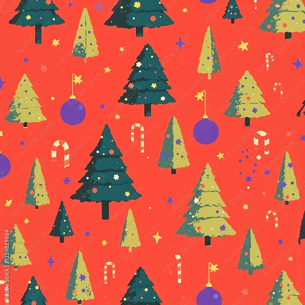 Red Festive Christmas Tree Pattern Design with Ornaments Red Festive Christmas Tree Pattern Design with Ornaments