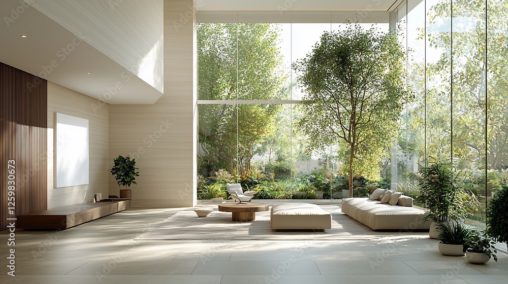 Fototapeta premium Modern living room with large windows, lush greenery outside, and a cozy seating area