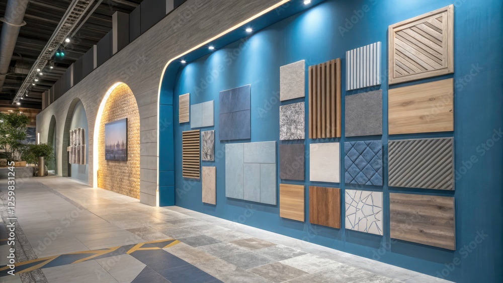 Obraz premium Modern Moodboard Inspiration in Blue and Grey - Architectural Photography of Textured Elements, Wooden Accents, and Magazine Clippings for Interior Design Ideas