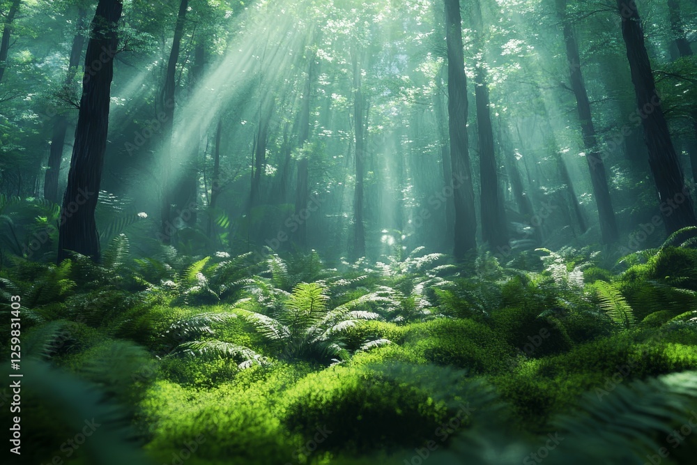 Obraz premium Sunbeams in misty forest, ferns, nature background
