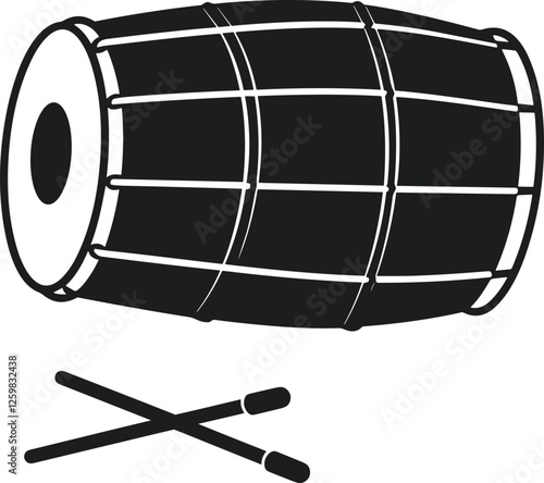 Traditional Dhol Drum Silhouette with Drumsticks - Percussion Instrument Vector