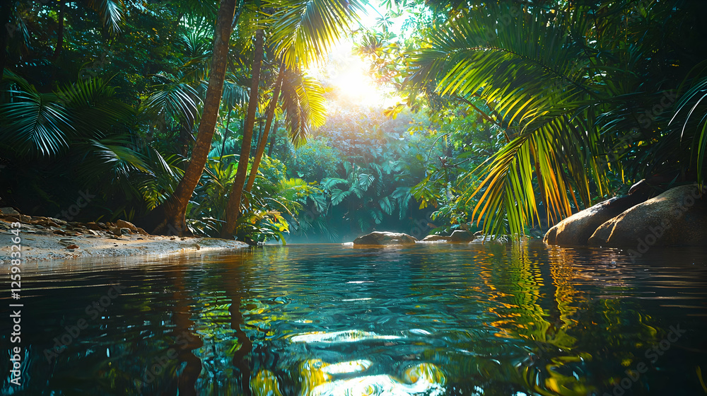 Fototapeta premium Lush tropical jungle stream sunlight