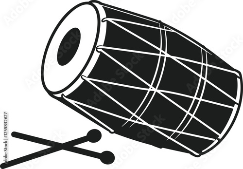 Traditional Dhol Drum with Drumsticks – Black Percussion Instrument Vector