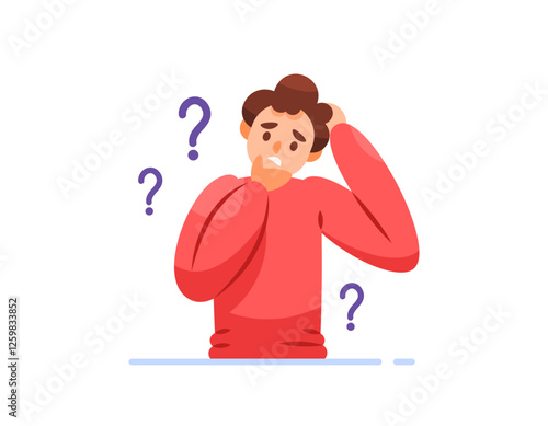illustration of a man who forgets and is confused. man with question mark. forgetfulness and wondering. symptoms of amnesia, Dementia, memory disorders. flat style character design. elements