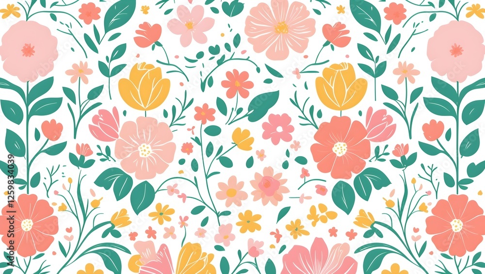 Cheerful Spring Floral Pattern Showcasing a Lively Mix of Flowers and Botanical Elements, A Seamless Repeating Design Excellent for Festive Decorations and Playful Fabric Creations Cheerful Spring Floral Pattern Showcasing a Lively Mix of Flowers and Botanical Elements, A Seamless Repeating Design Excellent for Festive Decorations and Playful Fabric Creations